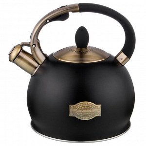 Чайник AGNESS Black Gold 3.0 л с термоаккумулирующим дном и индукцией, нержавеющая сталь, свисток, 1 шт.