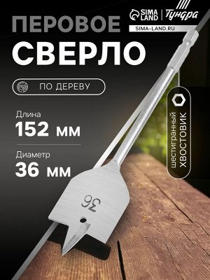 Сверло по дереву перовое ТУНДРА, шестигранный хвостовик, 36x152 мм