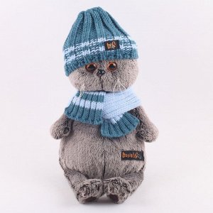 Мягкая игрушка «Басик» в голубой вязаной шапке и шарфе, 30 см