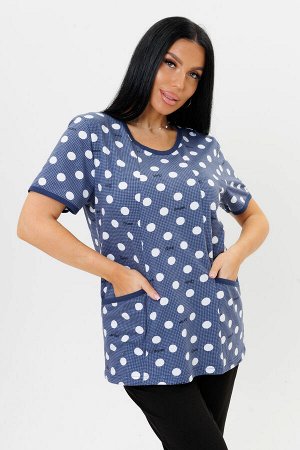 Футболка женская Modellini 2198/1 Индиго, 100% хлопок, с карманами, в горошек