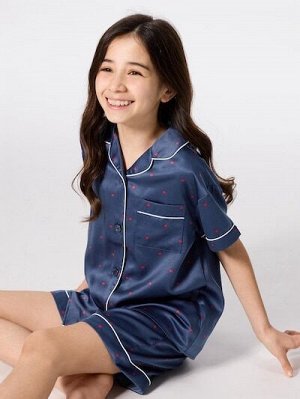 GU Girls Satin Pajama Set (Short Sleeve & Shorts, Heart) – детская атласная пижама с сердечками