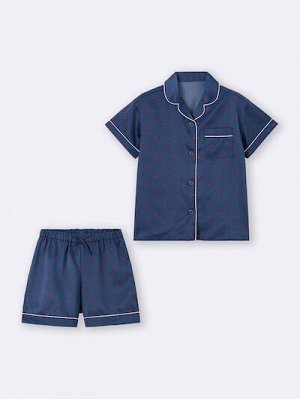 GU Girls Satin Pajama Set (Short Sleeve & Shorts, Heart) – детская атласная пижама с сердечками