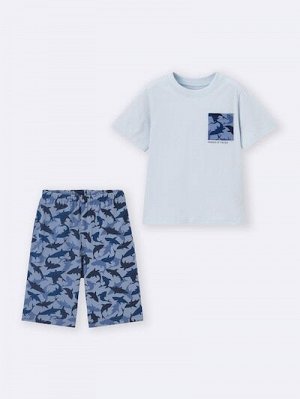 KIDS Cotton Lounge Set (Short Sleeve & Shorts, Shark) – детский комплект для дома из хлопка с принтом акул