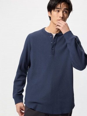 UNIQLO - вафельная кофта унисекс с пуговицами на вырезе - 65 BLUE