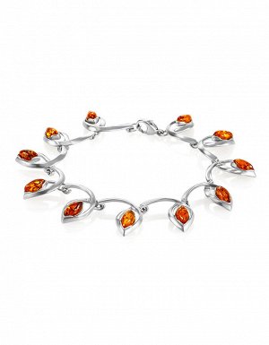 Изящный ажурный браслет «Акация» с коньячным янтарём