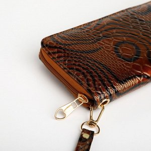 Кошелёк женский на молнии с ремешком, 19x2.5x9.5 см, с абстрактным принтом, коричневый
