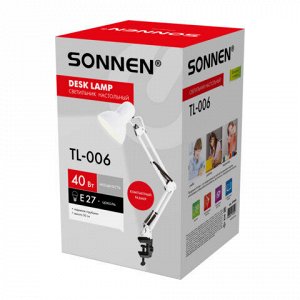 Настольная лампа-светильник SONNEN TL-006, струбцина, 40 Вт, Е27, белый, высота 50 см, 237649