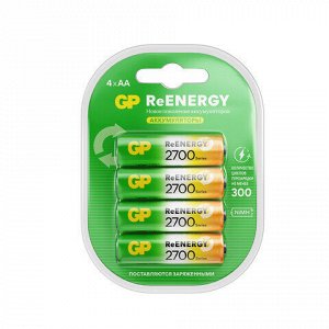 Батарейки аккумуляторные GP ReEnergy Ni-Mh пальчиковые КОМПЛЕКТ 4 шт., АА (HR6), 2600mAh, 270AAHCRGY, 270AAHCRGY-2CRC