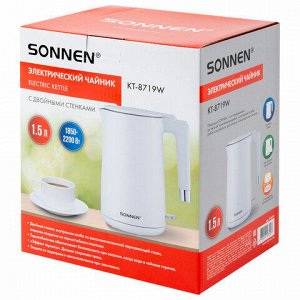 Чайник электрический с двойными стенками SONNEN KT-8719W, 1,5 л, 2200 Вт, белый, 454691