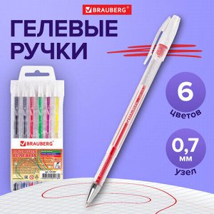 Ручки гелевые BRAUBERG "Jet", НАБОР 6 ЦВЕТОВ, узел 0,7 мм, линия письма 0,5 мм, 141037