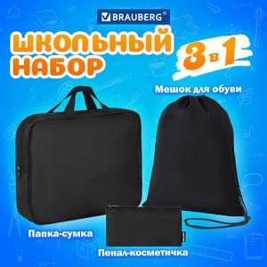 Папка на молнии с ручками А4, мешок для обуви 42х33 см, пенал 20х10 см, черный, НАБОР BRAUBERG, 273288