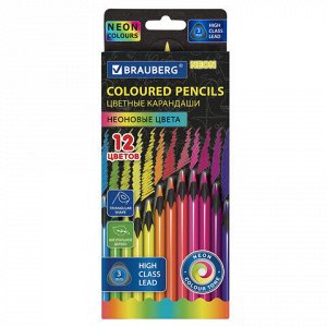 Карандаши цветные BRAUBERG NEON, 12 неоновых цветов, трехгранные, грифель 3 мм, черное дерево, 181852
