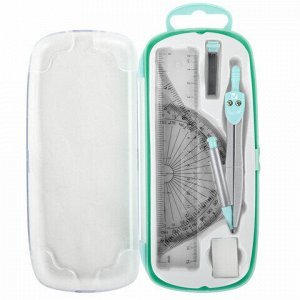 Готовальня BRAUBERG SCHOOL KIT, 9 предметов, циркуль 125 мм, чертежные принадлежности, мятный цвет, 210716