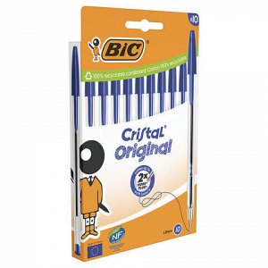 Ручки шариковые BIC "Cristal Original", НАБОР 10 шт., СИНИЕ, узел 1 мм, линия письма 0,32 мм, пакет, 830863