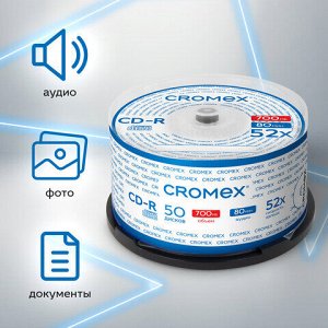 Диски CD-R CROMEX, 700 Mb, 52x, Cake Box (упаковка на шпиле), КОМПЛЕКТ 50 шт., 513772