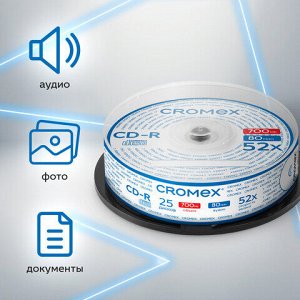 Диски CD-R CROMEX, 700 Mb, 52x, Cake Box (упаковка на шпиле), КОМПЛЕКТ 25 шт., 513776