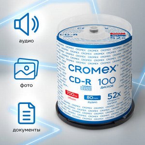 Диски CD-R CROMEX, 700 Mb, 52x, Cake Box (упаковка на шпиле), КОМПЛЕКТ 100 шт., 513778