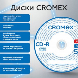 Диски CD-R CROMEX, 700 Mb, 52x, Cake Box (упаковка на шпиле), КОМПЛЕКТ 100 шт., 513778