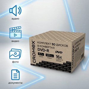Диски DVD-R в конверте КОМПЛЕКТ 50 шт., 4,7 Gb, 16x, CROMEX, 513798