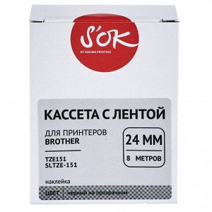 Картридж для принтеров этикеток BROTHER SAKURA S'OK TZE151, 24 мм x 8 м, чёрный шрифт, прозрачный фон, 1711532