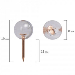 Силовые кнопки-гвоздики BRAUBERG CLEAR &amp; GOLD, прозрачные с золотистым (шарики), 100 штук, 11 мм, 272760