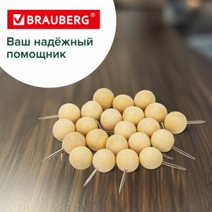 Силовые кнопки-гвоздики BRAUBERG WOOD, деревянные (шарики), 50 штук, 10 мм, 272761