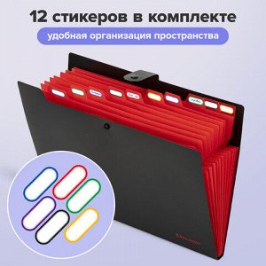 Папка-органайзер на кнопке 12 отделений, BRAUBERG "Extra", А4, черная с красным, 271934