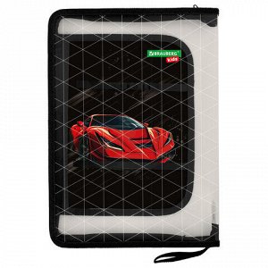 Папка для труда на молнии BRAUBERG KIDS А4, 1 отделение, прозрачная, органайзер, "Red car", 272209