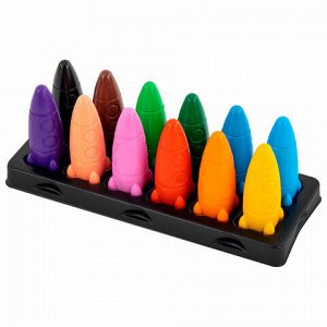Восковые мелки фигурные BRAUBERG KIDS "РАКЕТА", НАБОР 12 цветов + НАКЛЕЙКИ В ПОДАРОК, 273082