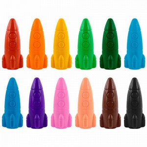Восковые мелки фигурные BRAUBERG KIDS "РАКЕТА", НАБОР 12 цветов + НАКЛЕЙКИ В ПОДАРОК, 273082