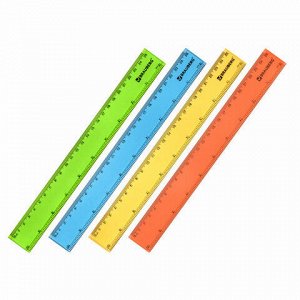 Линейка пластиковая 25 см, BRAUBERG, прозрачная, неоновая, ассорти, 210835