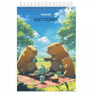 Скетчбук, белая бумага 100 г/м2, 140х201 мм, 60 л., гребень, жёсткая подложка, FUNSTER, АССОРТИ Funny pets, 116903