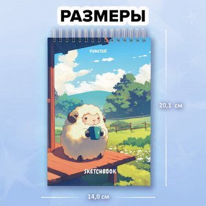 Скетчбук, белая бумага 100 г/м2, 140х201 мм, 60 л., гребень, жёсткая подложка, FUNSTER, АССОРТИ Funny pets, 116903