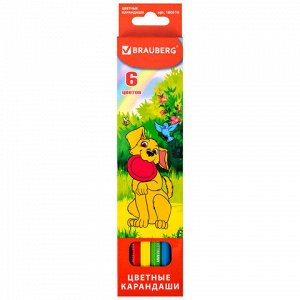 Карандаши цветные BRAUBERG "My lovely dogs", 6 цветов, шестигранные, грифель 3 мм, натуральное дерево, 180518