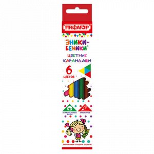 Карандаши цветные ПИФАГОР "ЭНИКИ-БЕНИКИ", 6 цветов, шестигранные, натуральное дерево, 181345