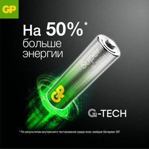 Батарейки КОМПЛЕКТ 4 шт., GP Super G-Tech, AA (LR06, 15 А), алкалиновые, пальчиковые, в пленке, 15AA21, 15ARS-2SB4