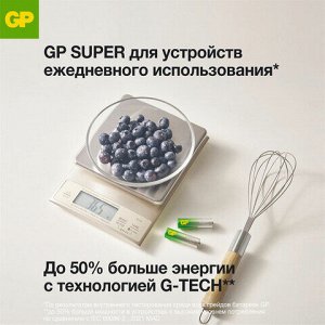 Батарейки КОМПЛЕКТ 4 шт., GP Super G-Tech, AA (LR06, 15 А), алкалиновые, пальчиковые, в пленке, 15AA21, 15ARS-2SB4