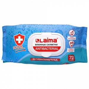 Салфетки влажные 72 шт., АНТИБАКТЕРИАЛЬНЫЕ с пластиковым клапаном, LAIMA "Antibacterial", 129997