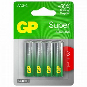 Батарейки КОМПЛЕКТ 4 шт., GP Super G-Tech, AA (LR6,15А), алкалиновые, пальчиковые, ПРОМО 3+1, 15A3/1-2CR4