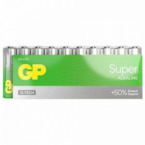 Батарейки КОМПЛЕКТ 20 шт., GP Super G-Tech, AA (LR6,15А), алкалиновые, пальчиковые, 15A-2CRVS20, GP 15A-2CRVS20