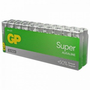 Батарейки КОМПЛЕКТ 20 шт., GP Super G-Tech, AA (LR6,15А), алкалиновые, пальчиковые, 15A-2CRVS20, GP 15A-2CRVS20