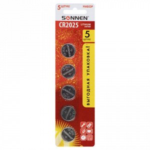 Батарейки литиевые SONNEN Lithium CR2025, "таблетки, дисковые, кнопочные", КОМПЛЕКТ 5 шт., блистер, 457140