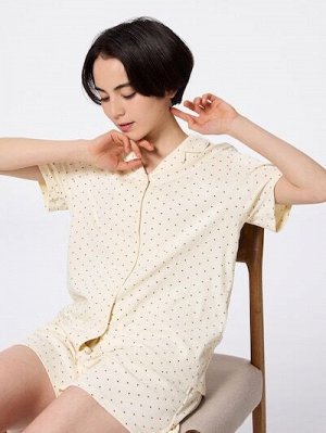 GU Cotton Blend Rib Pajamas (Short Sleeve) Heart – Пижама с коротким рукавом из рифлёного хлопкового трикотажа с принтом в сердечки