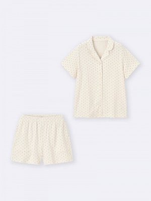 GU Cotton Blend Rib Pajamas (Short Sleeve) Heart – Пижама с коротким рукавом из рифлёного хлопкового трикотажа с принтом в сердечки