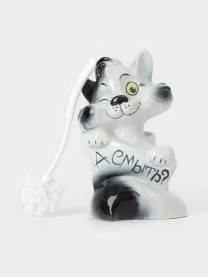 Ёршик для унитаза с подставкой «Кот-хулиган», фарфор, белый