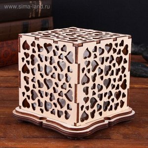 Соляной светильник из фанеры "Куб сердечки", деревянный декор, цельный кристалл