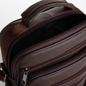 Сумка мужская на молнии, 5 наружных кармана, с ручкой, длинный ремень, коричневая
