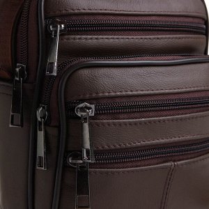 Сумка мужская на молнии, 5 наружных кармана, с ручкой, длинный ремень, коричневая