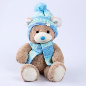Мягкая игрушка на новый год Little Friend, мишка в шапке и шарфе, цвет голубой , 23 см
