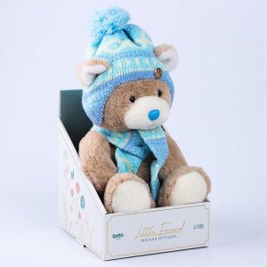 Мягкая игрушка на новый год Little Friend, мишка в шапке и шарфе, цвет голубой , 23 см